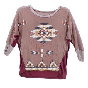 Miss Me Top Shirt sz S Autumn Brown  Aztec Tribal Native Festival Sequin Bling
